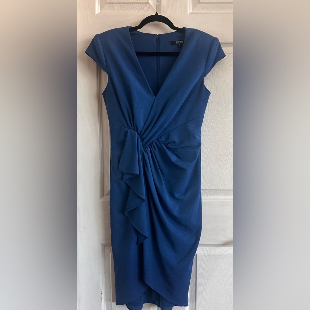 Badgley Mischka Women’s Navy Blue V-Neck Midi Dress with Front Ruching